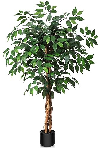 SOGUYI 120 cm Kunstpflanze Ficusbaum - Kunstpflanzen wie echt mit Stamm aus Naturholz, Große Künstliche Pflanzen für Büro, Zuhause, Innen- und Außendekoration, 1 Packung