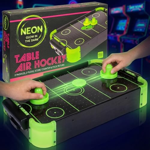 MIJOMA Tisch-Airhockeyspiel „Glow in The Dark“ – Kompaktes Air-Hockey-Set mit Neon-Effekt, 49,5 x 31 x 8,7 cm, batteriebetrieben, inkl. Schieber & Pucks für actionreichen Spielspaß