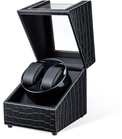Mcbazel Uhrenbeweger 2 Uhren Automatische Uhrenanzeige, Watch Winder Aufbewahrung Rotation, Armbanduhr Box Uhren Dreher mit 2 Schlitzen Krokodilleder Muster – Schwarz