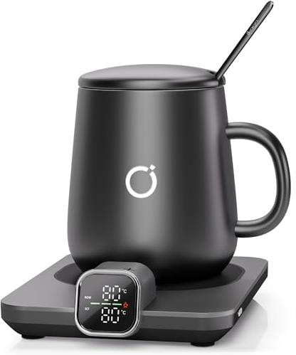 Elektrischer Tassenwärmer Set mit 1 °C Temperaturregelung und Echtzeit-Temperaturanzeige, automatischer Abschaltung, Kaffeewärmer für Schreibtisch & Büro – praktische Geschenkidee, Schwarz