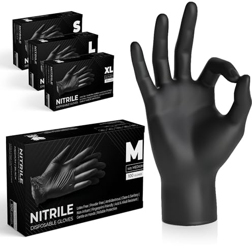 The Real Touch Einweghandschuhe, Schwarze Nitrilhandschuhe - 100 Stück Handschuhe, Puderfrei & Latexfrei Handschuhe Einweg, Einmalhandschuhe für Küche, Reinigung, und Medizin
