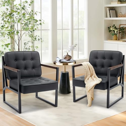 COLAMY Ohrensessel Sessel Wohnzimmer 2er Set, Leder Accent Chair, Mid Century Modern Kunstleder Empfangssessel mit Metallbeinen für Wohnzimmer Schlafzimmer Empfangsraum Wartezimmer, Schwarz