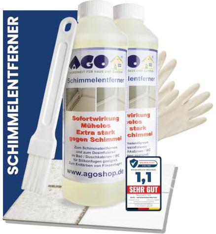 AGO 2x 500ml Schimmelentferner mit Pinsel & Handschuhen – stärker als herkömmliche Sprühreiniger/hochkonzentriertes Anti Schimmel Mittel/Schimmelentferner Fugen Dusche/Schimmel Entferner