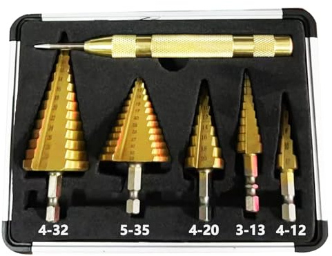 Genossen Stufenbohrer Set, 6 Pcs HSS Stufenbohrer Set, 5 Stück Kegelbohrer(4-12mm, 3-13mm, 4-20mm, 4-32mm, 5-35mm)und 1 automatischer Zentralstempel 13cm, konischer Schneidbohrer, Titanbeschichtung