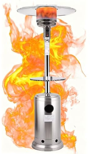 13KW Gas Heizpilz Gasheizstrahler für den Außenbereich mit doppelschichtigem Edelstahlbrenner, runden Tisch und Rädern, Umkippsicherung und Abschaltautomatik