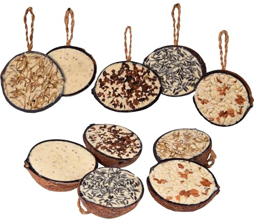 dobar® 10x gefüllte Kokosnuss Vogelfutter zum Aufhängen - 5 Sorten Vogelfutter für die Ganzjahresfütterung - Fettfutter-Füllungen für Wildvögel - Wildvogelfutter 2 kg (1er Pack)