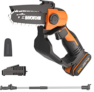 WORX 20V Akku Mini Kettensäge WG324E.1, inkl. Verlängerungsstange | Inkl. Akku & Ladegerät, Kompakte Kettensäge, 12cm Führungsschiene, vibrationsarm, leicht 1,38kg, Einhandbedienung