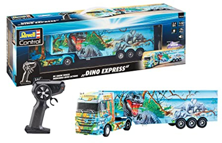 Revell Control RC Show Truck Mercedes Benz Actros Dino Express I Maßstab 1:32 I Detailreiche Airbrush-Lackierung und Dino-Design I Realistische Sounds und LED-Beleuchtung I An-/Abkoppeln des Trailers