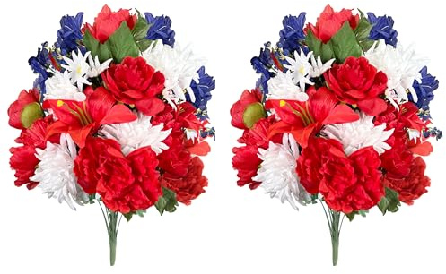 Admired By Nature Künstliche Pfingstrosen, Lilien, Mama, patriotischer Gedenkstrauß, Friedhofsdekorationen für Grab, Frühlings-Kunstblumenarrangement, Veteranen, Unabhängigkeitstag, Rot, Weiß, Blau,