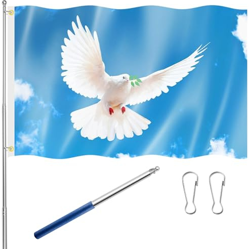 Tatuo Friedensfahne 150 x 90 cm mit Fahnenstange, Friedenstaube-Flagge | Tauben Himmel Flagge, Blauer Edelstahl Fahnenstange, Aufhängen Schnur, 2 Schnallen, für Garten, Balkon, Drinnen, Draußen