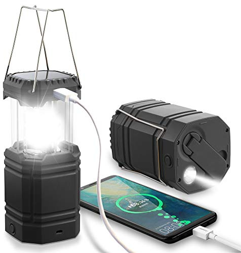 LED Campinglampe Solar, Wasserdicht LED Camping Laterne, Notfallleuchte mit Handkurbel, Eingebaute 3000mAh Akku für Wandern, Angeln, SOS, Ausfälle (Schwarz)