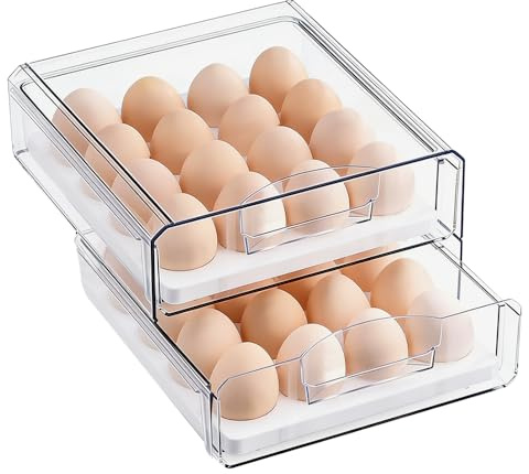 Vunanvu Eier Aufbewahrung Kühlschrank Organizer Schublade Ausziehbar 32 Gitter/2 Schichten Eierhalter Ei Aufbewahrungsbox Kühlschrank Schubladen Stapelbar Kühlschrankschubladen Transparent Eierbox
