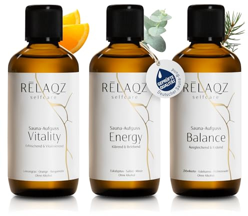 RELAQZ Saunaaufguss Set 3x100ml, Sauna Aufgussmittel ohne Alkohol | 3 Saunaöle BALANCE, ENERGY & VITALITY, Saunaduft mit ätherischen Ölen, Geschenkset für Heimsauna & Wellness