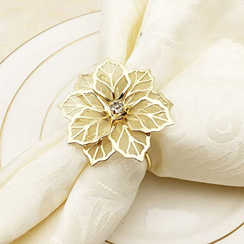 INCETUE 12 Stück Serviettenringe Gold, Metall Serviettenring mit Ausgehöhlten Blume, Vergoldeter Makramee Servietten Ringe Set mit Strasssteinen, Serviettenschnallen für Hochzeit Tischdeko