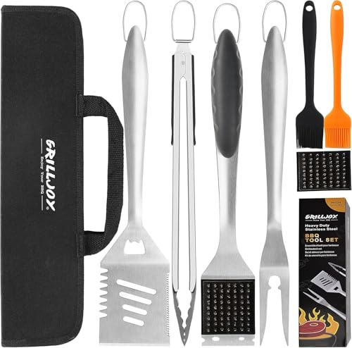 grilljoy 8-teiliges Grillbesteck Set aus Edelstahl mit Grilltasche | Grillzange inklusive, für Camping, Garten, Picknick, Backyard und Outdoor-Grillen. Perfektes Geschenk für Männer, Väter.