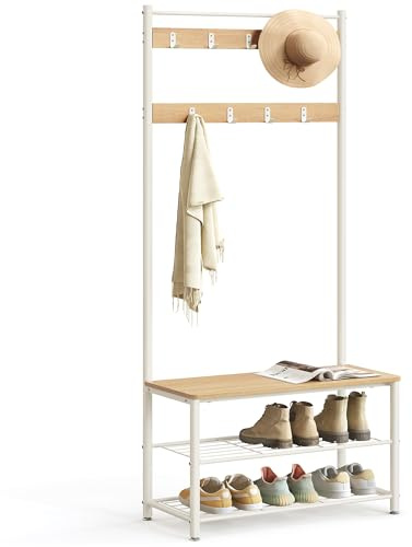 VASAGLE Garderobenständer, Kleiderständer mit Schuhablagen, Schuhregal mit Sitzfläche, für Flur, mit Haken, 3 Ablagen, aus Metall, Höhe 177 cm, modern, eichenfarben-weiß HSR041W09