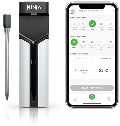Ninja ProChef Kabelloser Temperaturfühler/Bratenthermometer, Kochen/Grillen/Air Fry, 50m Bluetooth-Reichweite, 30h Batterielaufzeit, App-Verbunden, Hitzebeständig, Wasserdicht, WP100EU