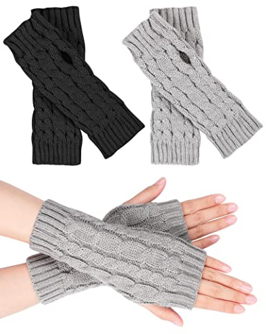 MELLIEX 2 Paar Halb Fingerlose Handschuhe, Damen Pulswärmer Winter Strickhandschuhe Warm Kurzer Halb Handstulpen Unisex Schwarz/Grau