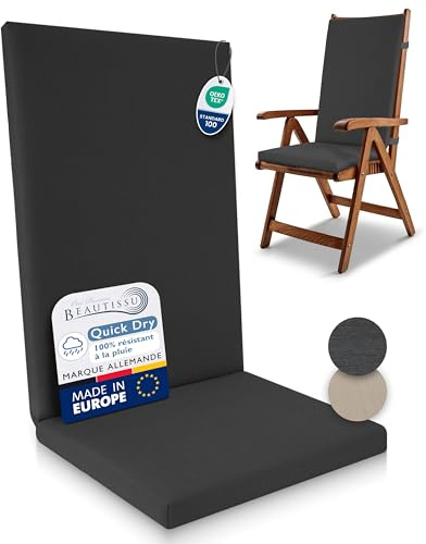 Beautissu Premium Hochlehner Auflage 100% Wasserdicht 120x50cm – UV-beständig Bequem Pflegeleicht Waschbar Sitzkissen Gartenstuhl – Quick Dry Polsterauflage Gartenmöbel Stuhlauflage Anthrazit