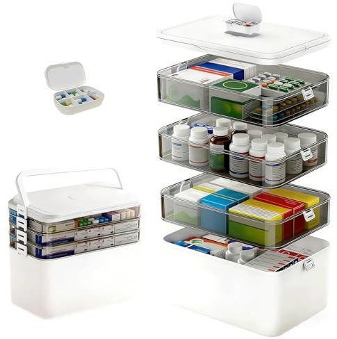 4-stöckige Hausapotheke Box mit Tragegriff, 27,7 x 27 x 14,7cm Weiße Medizinbox, Medikamenten Aufbewahrung, Medikamentenbox Groß mit Tragbare mit hoher Kapazität für Familie, Büro, Schule und Reise
