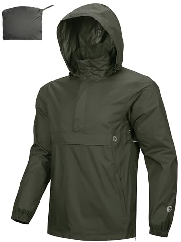 Outdoor Ventures Herren Regenjacke Packbarer Wasserdichter Regenpullover | Reflektierende Streifen, Versteckte Kapuze, Seitlicher Reißverschluss, 3 Taschen, Leicht, Winddicht, Atmungsaktiv, Angeln