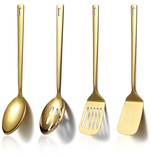 Homquen Gold Küchenutensilien Set 4pcs, Titan Gold Beschichtung Edelstahl Kochutensilien Set, Küchenwerkzeuge Spatel Set, Kochlöffel, Home Essentials Küchengeräte Zubehör