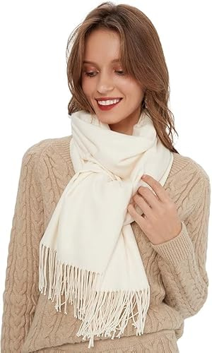 MaaMgic Schal Damen Warm Winter Herbst unifarben Baumwolle mit quasten/fransen, 20+ Farben Einfarbig & Kariert Pashmina Stola Schals MEHRWEG,Sahneweiß NICHT reinweiß