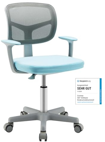 COSTWAY 360° Drehbarer Kinderschreibtischstuhl, 80-91,5 cm Höhenverstellbarer Jungendstuhl mit Rückenlehne & Armlehnen, Computerstuhl mit 5 Rollen für Kinder von 3-10 Jahre alt, Blau