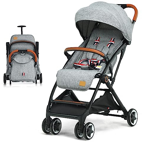 COSTWAY Kinderwagen Einhand Faltbar, Kinderbuggy mit verstellbare Rückenlehne & Verdeck, Reisebuggy mit Liegefunktion, Sicherheitsgurt für Baby bis 3 Jahren, 15 kg Belastbar (Grau)