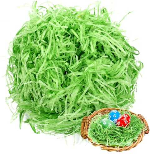 Bluelves 200g Ostergras Grün, Ostergras Geschreddertes Papier,Osterkorb Papier, Ostergras Raffia Hamper Shreds,Füllmaterial Geschenk Geschenkkorb,Deko Gras Osternest für Osterdekoration-Grün,200 Gramm