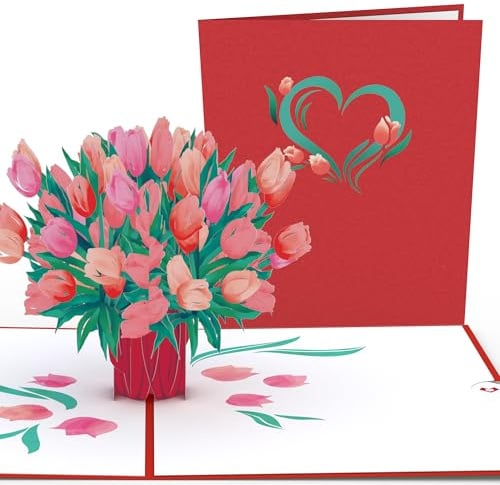 Lovepop® 3D-Pop-Up-Karte Tulpenstrauß romantische Grußkarte zum Valentinstag, Geburtstag, Mutter-, Vater-, Jahres oder Hochzeitstag | inkl. Umschlag & Versteckfach für Geld & Gutscheine