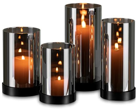 Glasseam Windlicht Glas Schwarz Tischdeko: 4er Set Windlicht Outdoor Modern Windlichter Kerzenhalter Metall für Deko Wohnzimmer Glaszylinder Kerzengläser für Draußen Advent