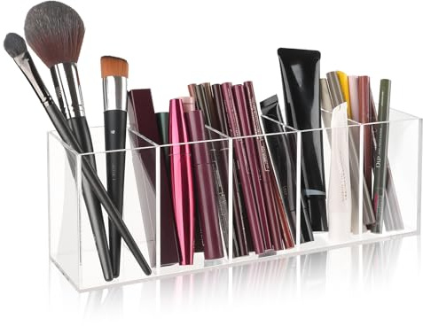 Pinselhalter 5 Fächern, Acryl Klarer Schminktisch Organizer,Große Kapazität | Make Up Organizer für Pinsel, Eyeliners,Lippenstift, Schminktisch Zubehör Aufbewahrung, Es Kann Such Stiftehalter, 28*7*9.5CM