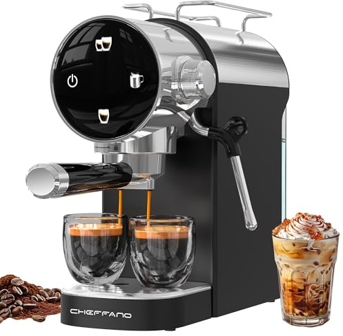CHEFFANO Espressomaschine, 1350W, 20-Bar-Pumpe, Touchscreen, Edelstahlgehäuse & Dampfstab für Cremespuma