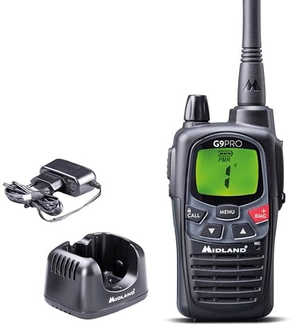 Midland G9 Pro Funkgerät, wasserdichtes IPX4 zertifiziertes Outdoor Walkie Talkie, mit 32 PMR446-Kanälen , AA 1800 mAh Akkus, Standladegerät und Gürtelclip, C1385