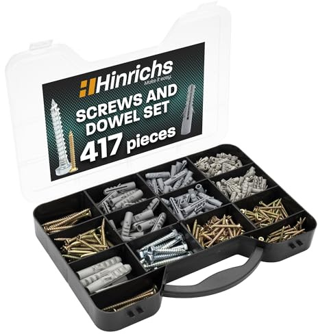 Hinrichs 417-tlg Schrauben Dübel Set + Aufbewahrungskoffer - 204 Dübel in 4 Größen 5-10mm - 213 Sechskant- und Kreuzschlitz-Schrauben in 9 Größen 5-10mm - Dübelset für universalen Einsatz