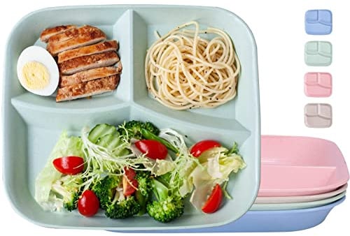 Orrdiffi Geteilte Teller 4 Stück mit 3 Fächern, 25.5x22.5 cm | PP in Lebensmittelqualität BPA-frei, Portionskontrolle für Gesunde Ernährung, Spülmaschinenfest, 4 Farben Sortiert