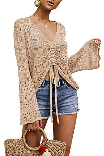 Saodimallsu Damen Boho Pullover Crochet Langarm V-Ausschnitt | Oberteile,Langarmshirt,Flowy Oversized Strickpullover Sexy Tops Frühling Sommer
