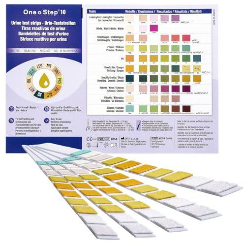 30 Stück One+Step Urin Teststreifen für 10 Parameter I Mit Farbkarte für genaues hygienisches Ablesen I Ketone, Glukose, Bilirubin, spez. Dichte, Blut, pH, Protein, Urobilinogen, Nitrit, Leukozyten