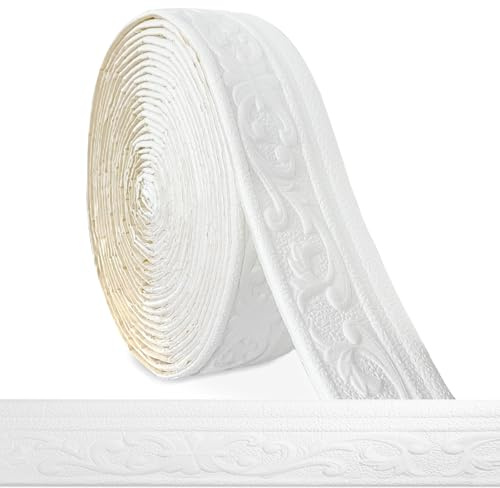 Bordüre Selbstklebend Weiß - 10m x 8cm x 5mm - 3D Stuckleisten Wand, Zierleisten Selbstklebend, Wasserdicht Wandbordüre, Leisten Selbstklebende, Roll Border Trims für Ecken Linien Decken Dekoration