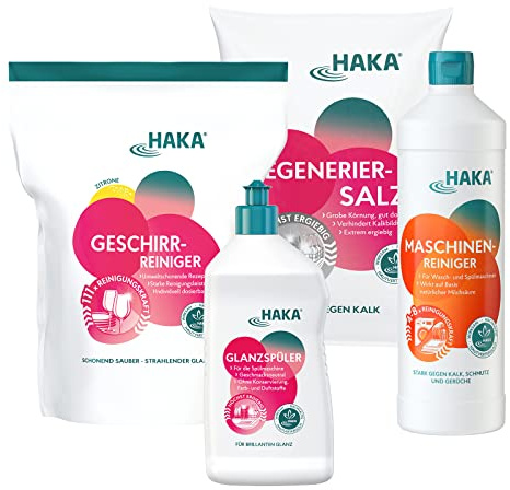 HAKA Spülmaschinen-Set, 4-teilig, Komplett-Set für Geschirr & Maschine | Geschirr-Reiniger Pulver 2 kg, Regeneriersalz 2 kg, Glanzspüler 750 ml und Maschinenreiniger 1 l