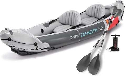 Intex 68310VM Dakota K2 - Aufblasbares Kajak aus strapazierfähigem Vinyl für 2 Personen mit 200 cm Rudern und Luftpumpe, grau/rot