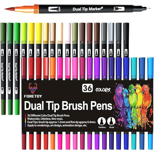 FORETOY Filzstifte Dicke und Dünne 36 Farben Fineliner, Dual Brush Pen Set | Pinselstifte Bullet Journal Stifte Marker Für Kinder Erwachsene, Fasermaler und Fineliner, Handlettering, Zeichnen, DIY