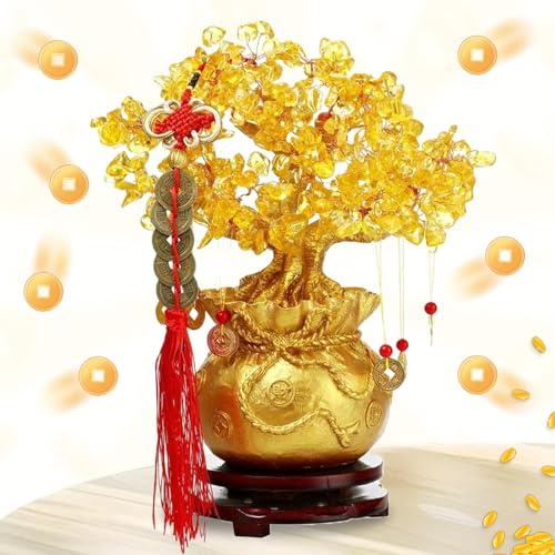 Oneroomone Geld Baum Feng Shui Bonsai, Geldbaum Feng Shui Kristall Glücksbaum, Kristall Geldbaum Gold Feng Shui Deko -Glücksbaum 19cm Geld Baum with Glücksmünzen und Base für Reichtum Glück Hause Büro