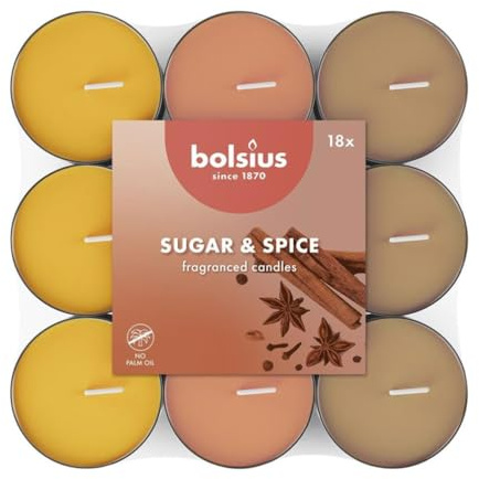 Bolsius - 18 Duft theelichter - Zucker und Gewürz - Brenndauer von 3,5 Stunden - Durchmesser 38 mm – Natürliche Extrakte – Enthält Veganes Wachs – Ohne Palmöl