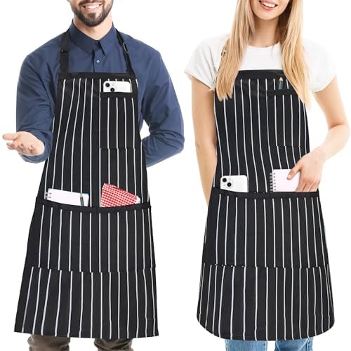 FunChaos 2 Stück Streifen Latzschürze, Verstellbare Schürze mit 3 Taschen, Küchenschürzen für Männer Frauen, Kochschürzen für Koch BBQ Malerei Gartenarbeit Backen Restaurant, Schwarz