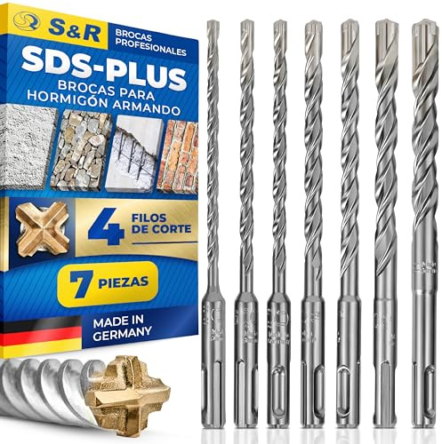 S&R Professional SDS Steinbohrer Set 7-tlg., 4-Schneider, 5mm - 12mm, SDS plus Bohrer Set, Premium PGM Betonbohrer, SDS Bohrer Lang, Made in Germany Bohrer Beton, Stahlbeton Bohrer, Stein, Mauerwerk