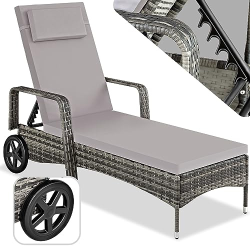 tectake® Aluminium Rattan Sonnenliege mit Armlehne und Rollen, Outdoor Polyrattan Gartenliege mit 6-Fach höhenverstellbarer Rückenlehne (bis 150 kg), Balkon Möbel oder Garten Möbel - grau