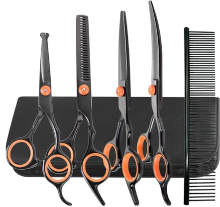 6-in-1 Fellschere für Hunde, Professionelle Edelstahl Pflegeschere Set für Hunde, Hundeschere Inkl Effilierschere, Gebogene, Gerade Schere, Fellpflegekamm, für Hunde, Katzen