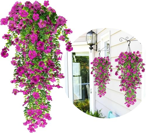 Artifolia Kunstblumen Hängend, 4 Stück künstliche Hängepflanzen 77cm UV-Beständig Plastik Blumen für Draußen, Kunstblumen Wie Echt Seidenblumen für Blumenampel Garten Hochzeit Balkon Dekoration (Lila)